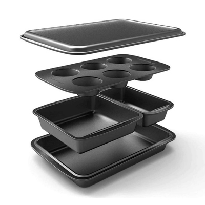 BAKER'S SECRET<sup>&reg;</sup> Bakeware Set of 5 - Set includes a loaf pan, square pan, 6-cup muffin pan, roaster pan, and cookie sheet. Made from 0.6mm carbon steel for even heating and lasting durability. Features a premium non-stick coating for easy release and cleanup.  Oven safe up to 450°F. Free from PFOA, PTFE, BPA, and cadmium. Sleek dark grey finish. Backed by a 10-year warranty.